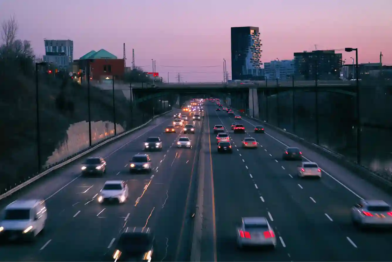 Areal view of Don Valley Driveway of Toronto during purple twilight