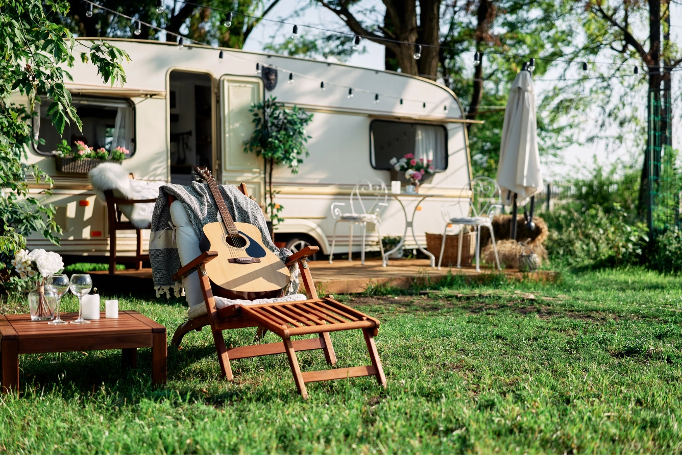 Camper camping at summer vacation.