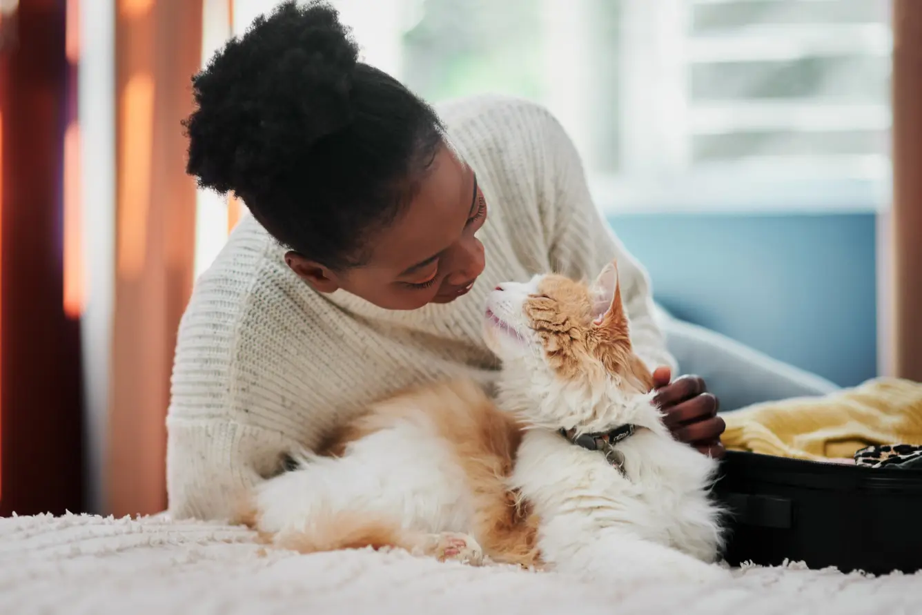 Young woman being affectionate with her cat at home. Get cat insurance in ontario with firstontario insurance brokers.