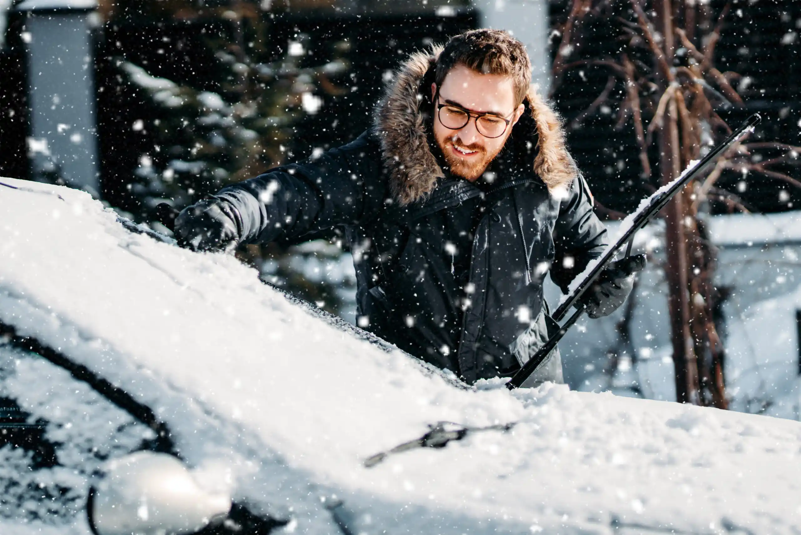 Man brushing snow off his vehicle, ensuring it’s ready for safe winter driving