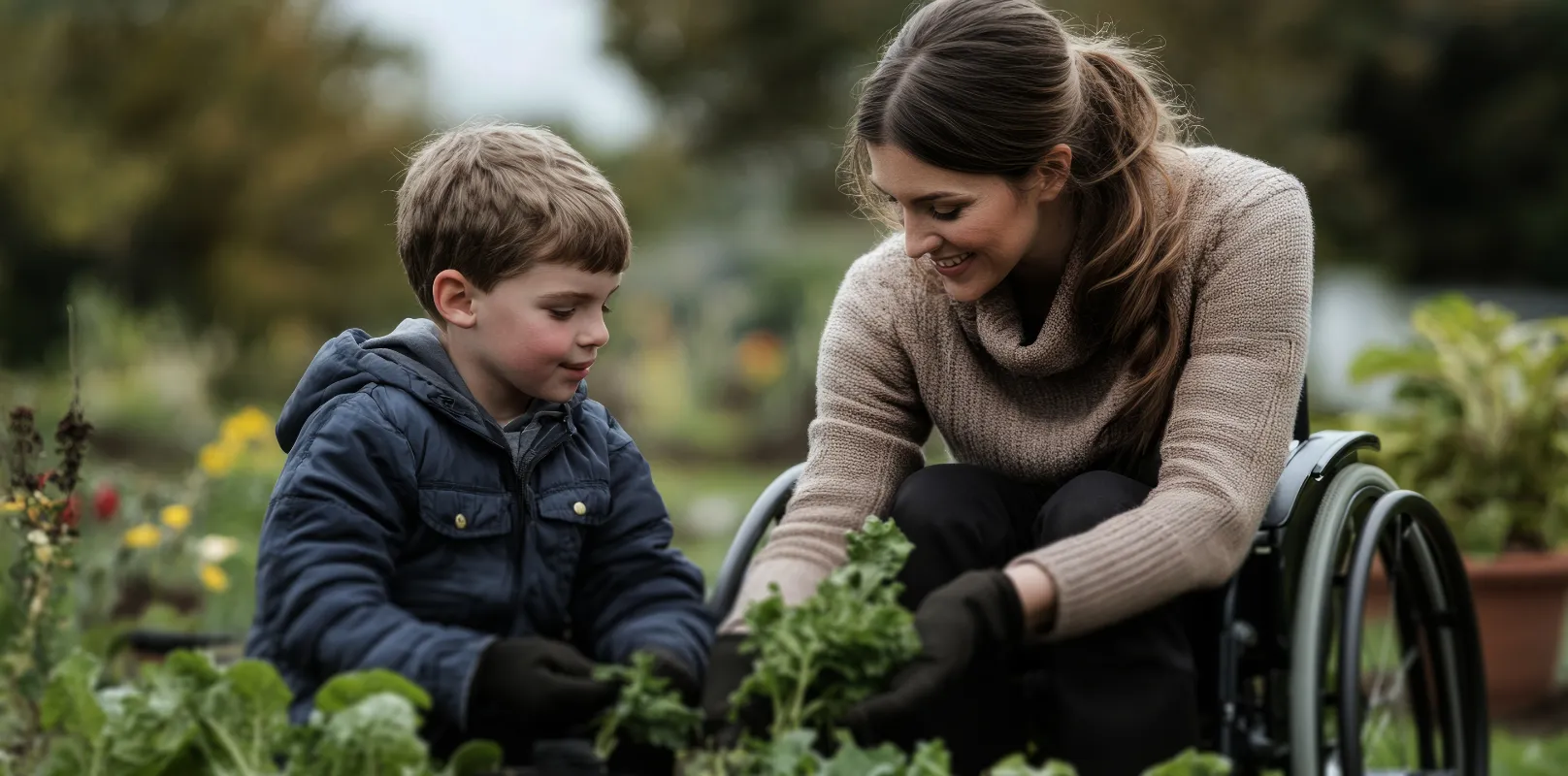 An adult using a wheelchair gardening alongside a child, representing resilient homeowners who rely on accessible and supportive home insurance solutions from firstontario insurance brokers.
